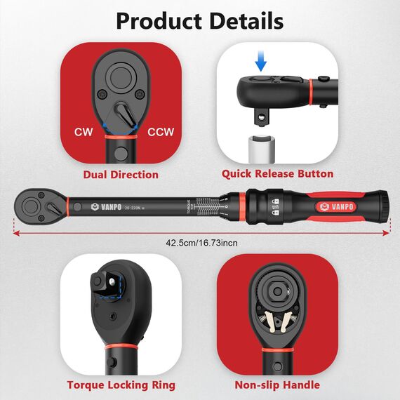 VANPO Drehmomentschlüssel 1/2 Zoll, 20-220Nm, Drehmomentschlüssel-Set inkl. 125mm Verlängerungsstange, 1/2"-3/8" Adapter, für Auto, Lkw, Motorrad & Maschinenwartung, Reparatur und Instandhaltung