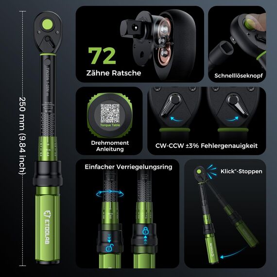 ETOOLAB 1/4" Drehmomentschlüssel Set-25tlg, ±3% Fehlergenauigkeit, 1-26 N·m/10-231,3 lbf·in, 72 Zähne Fahrrad Drehmomentschlüssel für Reifenwechsel/Motorrad/Fahrrad