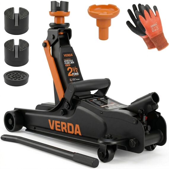 Verda Hydraulischer Wagenheber 2,5T, 85-365 mm, 3X Gummi, robuster Handgriff, Rangierwagenheber PKW, Profi, Ständer, Flache, Wohnmobil, Geländewagen, Heber, Arbeitshandschuhe, Autoheber