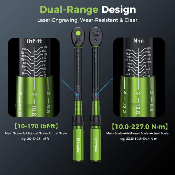 ETOOLAB 1/4" Drehmomentschlüssel Set-25tlg, ±3% Fehlergenauigkeit, 1-26 N·m/10-231,3 lbf·in, 72 Zähne Fahrrad Drehmomentschlüssel für Reifenwechsel/Motorrad/Fahrrad