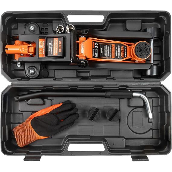 Hydrualischer Wagenheber 2,5T, 85-365mm, 3X Gummiauflage, Radmutterschlüssel, Rangierwagenheber mit Hebelstange 2in1 Auto Heber, PKW Profi Ständer, Flache, Wohnmobil Handschuhe SN88108