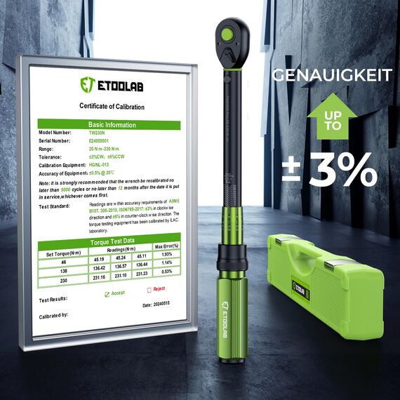 ETOOLAB 1/2 Zoll Drehmomentschlüssel Auto, 20-230Nm/10-170lbf-ft, ±3% Fehlergenauigkeit, 72 Zähne Umschaltknarre Drehmomentschlüssel Set mit 6" Verlängerung, 1/2"-3/8" Adapter für Auto/Fahrrad
