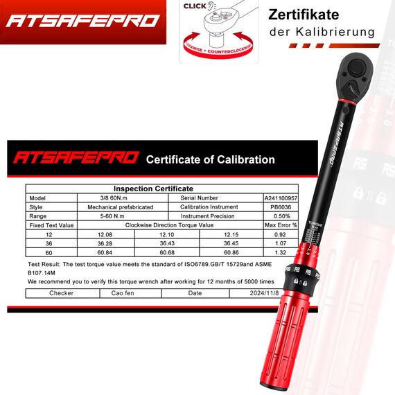 ATsafepro Drehmomentschlüssel 3/8" Set, 5-60Nm Drehmomentschlüssel Auto mit 15cm Verlängerungsstange,Adaptateur 1/4"&1/2",±3% Fehlergenauigkeit 72 Zähne Ratchet, für Auto, Moto,Fahrrad