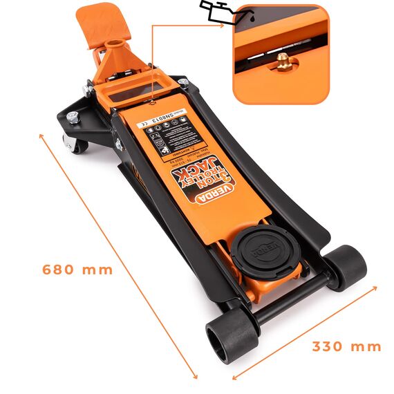 Verda Wagenheber hydraulisch 3T - Hubhöhe 75-515 mm, mit D-Griff und Fußpedal, mit Schmiernippel, 2X Gummi, Rangierwagenheber PKW Auto Heber, SUV, Doppelpumpsystem, Extra Stabil & Sicher Flacher