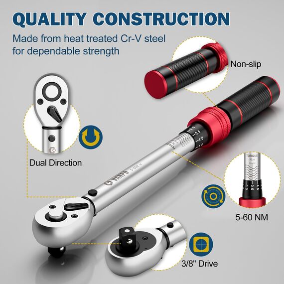 VANPO Drehmomentschlüssel 3/8 Zoll, 5-60Nm Fahrrad & Motorrad Drehmomentschlüssel Set mit 125mm Verlängerungsstange, 3/8"-1/4" Adapter für Fahrräder, Motorrad und Auto Zündkerzenwechsel