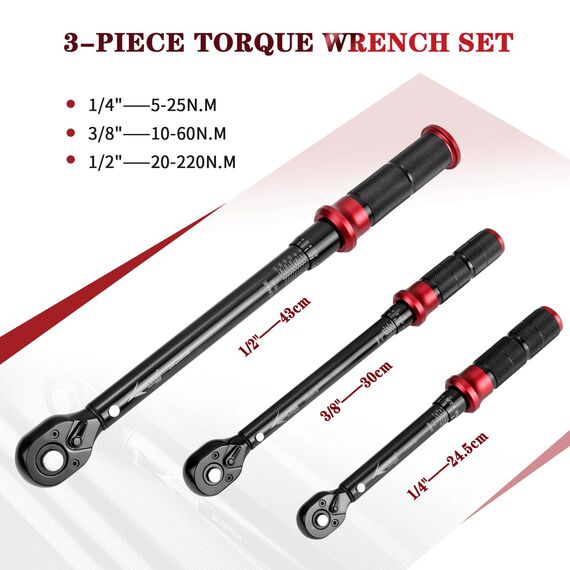 AEROFORCE Drehmomentschlüssel 1/4" & 3/8" & 1/2", 3 teilig Drehmomentschlüssel Set 5-25Nm, 10-60Nm, 20-220Nm, ±3% Fehlergenauigkeit mit 72 Zähne Wende Ratschenkopf für Fahrrad, Auto, Motorrad
