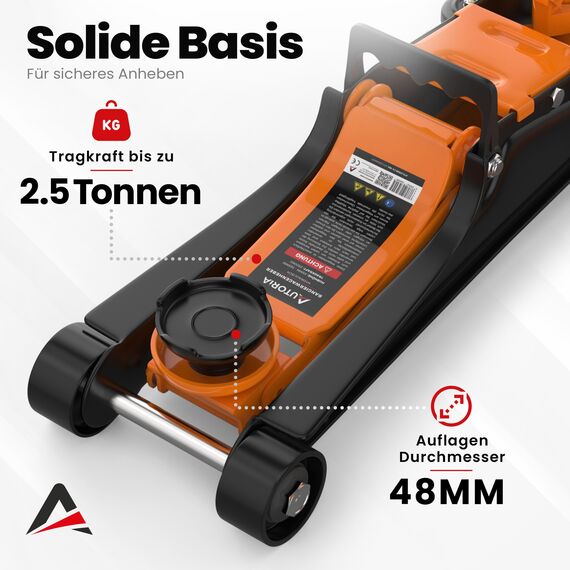 Wagenheber 2,5T extra flach – Hydraulischer Rangierwagenheber mit Transportkoffer, 3 Gummiauflagen & Adapter – Auto Wagenheber für PKW bis 2.500 kg (Orange)