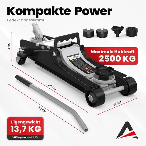 Wagenheber 2,5T extra flach – Hydraulischer Rangierwagenheber mit Transportkoffer, 3 Gummiauflagen & Adapter – Auto Wagenheber für PKW bis 2.500 kg (Hellgrau)