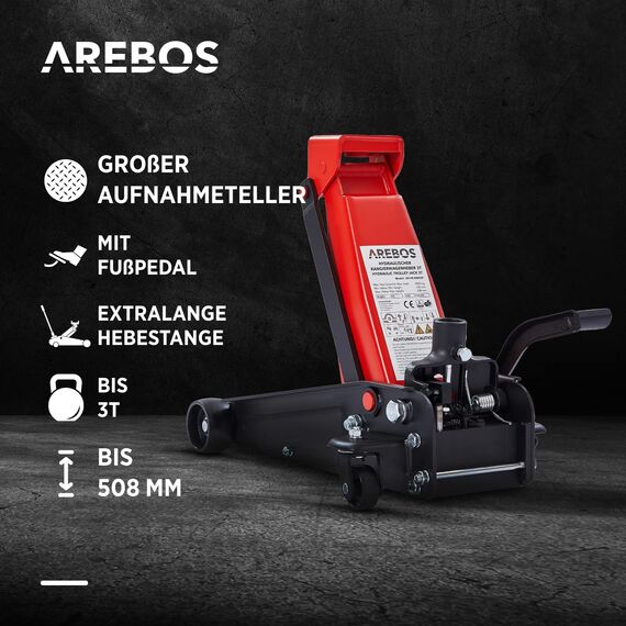 Arebos 3T Hydraulischer Rangierwagenheber mit integriertem Fußpedal | Unterfahrhöhe 130-508 mm | 2 Gummi-Auflagen | Wagenheber Jack 360° Rollen | Heber Ständer KFZ Auto PKW