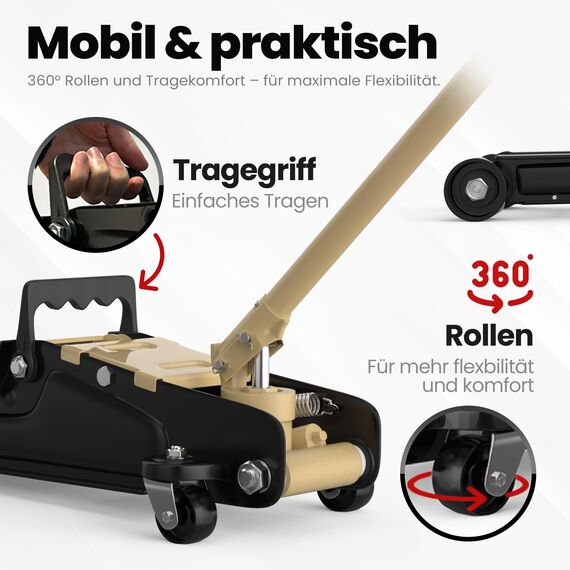 Wagenheber 2,5T extra flach – Hydraulischer Rangierwagenheber mit Transportkoffer, 3 Gummiauflagen & Adapter – Auto Wagenheber für PKW bis 2.500 kg (Beige)