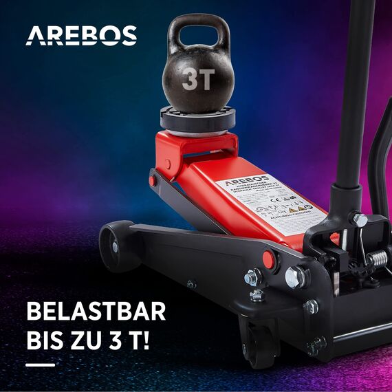 Arebos 3T Hydraulischer Rangierwagenheber mit integriertem Fußpedal | Unterfahrhöhe 130-508 mm | 2 Gummi-Auflagen | Wagenheber Jack 360° Rollen | Heber Ständer KFZ Auto PKW