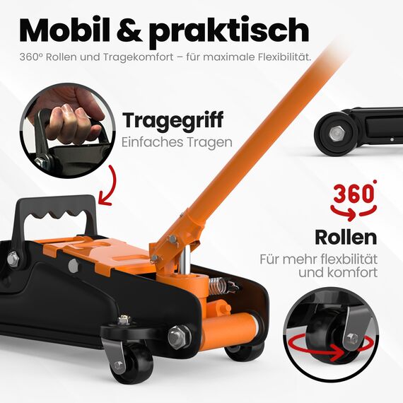 Wagenheber 2,5T extra flach – Hydraulischer Rangierwagenheber mit Transportkoffer, 3 Gummiauflagen & Adapter – Auto Wagenheber für PKW bis 2.500 kg (Orange)