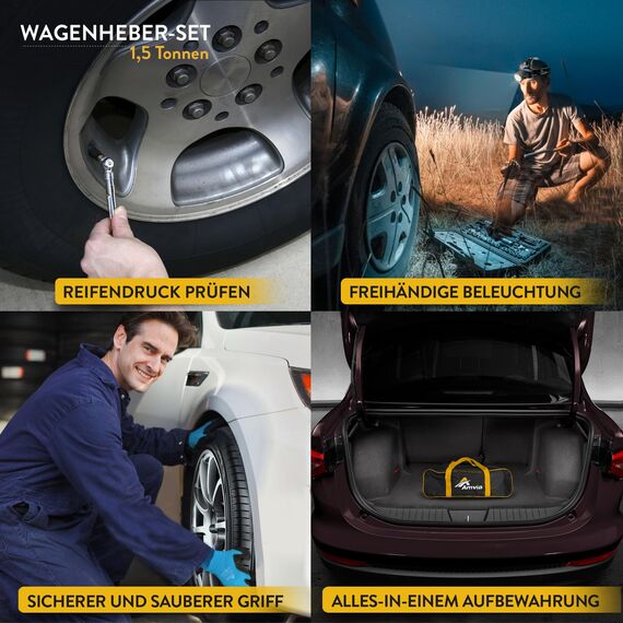 Wagenheber-Set | Scherenwagenheber für Autos 1,5 Tonnen (3.300 lbs) Tragbar, ideal für SUV und Autos – Universelles Auto-Notfallset mit Schraubenschlüssel