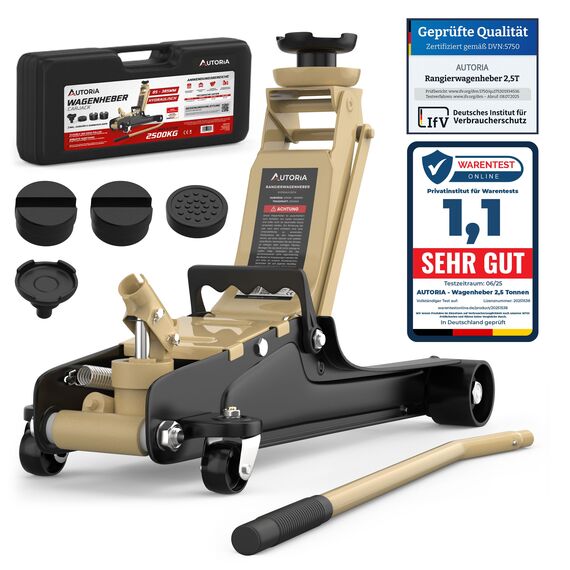 Wagenheber 2,5T extra flach – Hydraulischer Rangierwagenheber mit Transportkoffer, 3 Gummiauflagen & Adapter – Auto Wagenheber für PKW bis 2.500 kg (Beige)