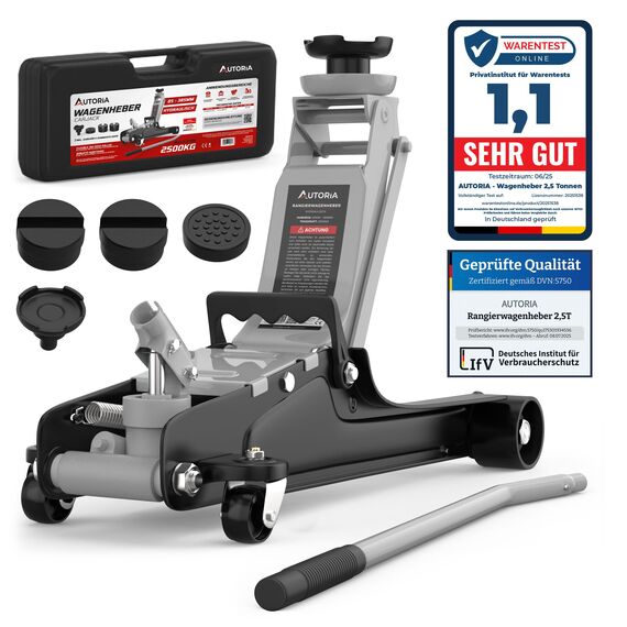 Wagenheber 2,5T extra flach – Hydraulischer Rangierwagenheber mit Transportkoffer, 3 Gummiauflagen & Adapter – Auto Wagenheber für PKW bis 2.500 kg (Hellgrau)