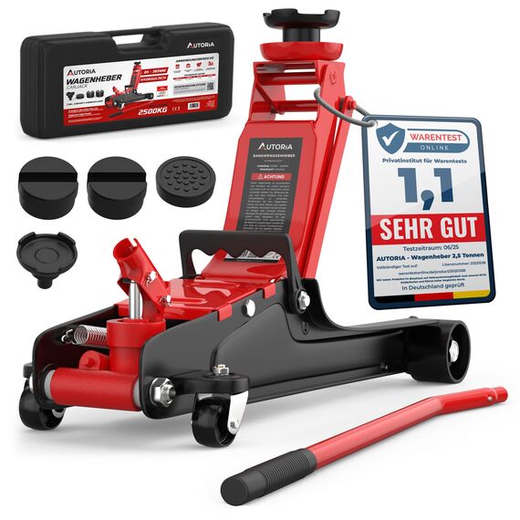 Wagenheber 2,5T extra flach – Hydraulischer Rangierwagenheber mit Transportkoffer, 3 Gummiauflagen & Adapter – Auto Wagenheber für PKW bis 2.500 kg (Rot)