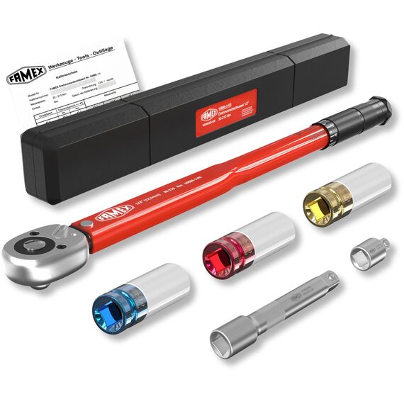 FAMEX 10886-3-RS Drehmomentschlüssel 1/2" (12,5mm) - 30-210 Nm - Schoneinsätze aus Chrom-Molybdän-Stahl - schlagfest - inkl. Verlängerung Adapter - für Auto, Motorrad, Van
