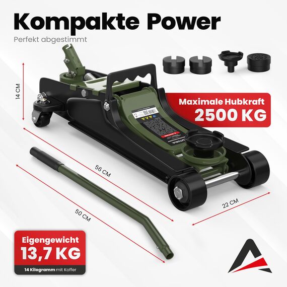 Wagenheber 2,5T extra flach – Hydraulischer Rangierwagenheber mit Transportkoffer, 3 Gummiauflagen & Adapter – Auto Wagenheber für PKW bis 2.500 kg (Olivgrün)