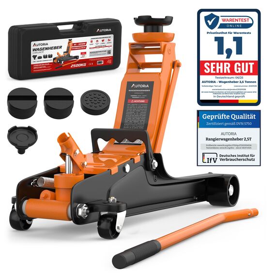 Wagenheber 2,5T extra flach – Hydraulischer Rangierwagenheber mit Transportkoffer, 3 Gummiauflagen & Adapter – Auto Wagenheber für PKW bis 2.500 kg (Orange)