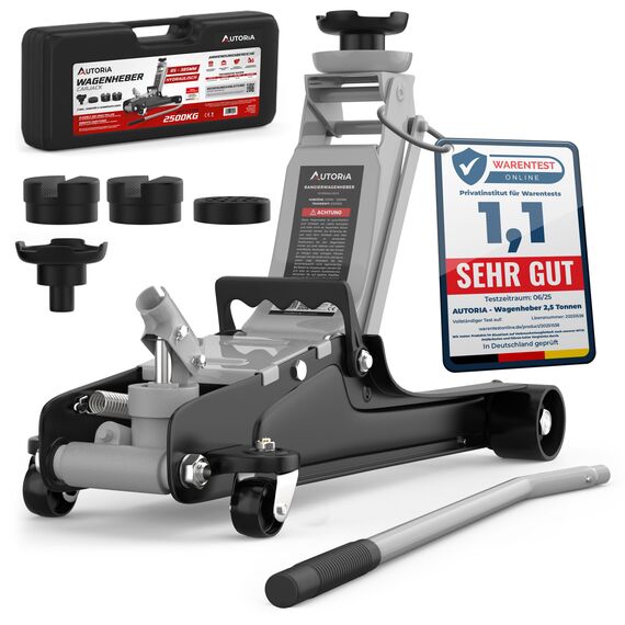 Wagenheber 2,5T extra flach – Hydraulischer Rangierwagenheber mit Transportkoffer, 3 Gummiauflagen & Adapter – Auto Wagenheber für PKW bis 2.500 kg (Hellgrau)