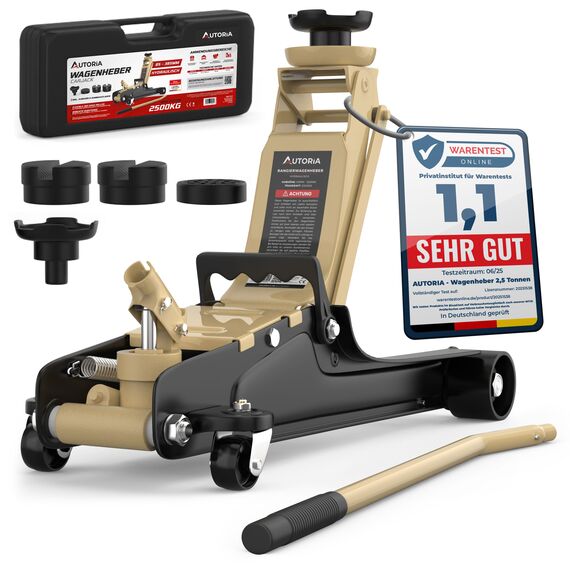 Wagenheber 2,5T extra flach – Hydraulischer Rangierwagenheber mit Transportkoffer, 3 Gummiauflagen & Adapter – Auto Wagenheber für PKW bis 2.500 kg (Beige)