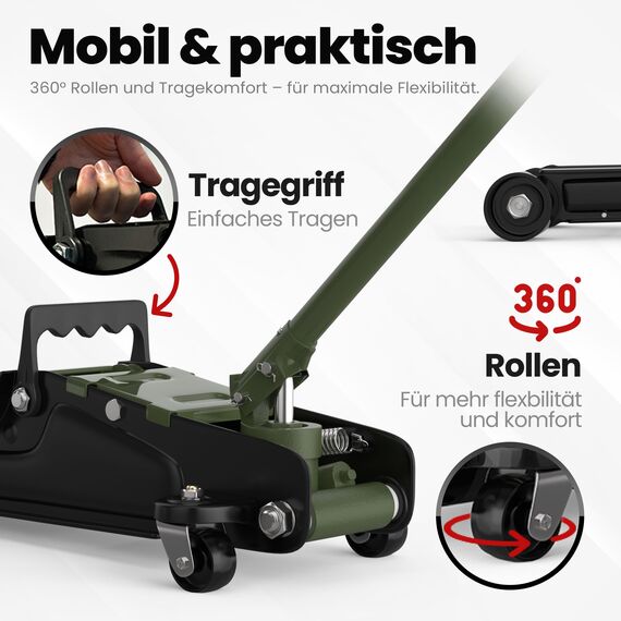 Wagenheber 2,5T extra flach – Hydraulischer Rangierwagenheber mit Transportkoffer, 3 Gummiauflagen & Adapter – Auto Wagenheber für PKW bis 2.500 kg (Olivgrün)