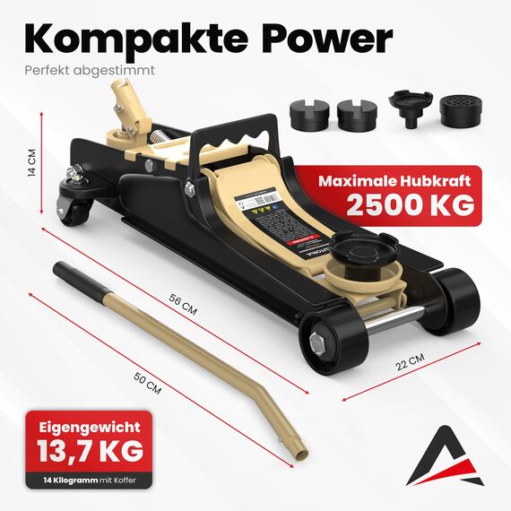 Wagenheber 2,5T extra flach – Hydraulischer Rangierwagenheber mit Transportkoffer, 3 Gummiauflagen & Adapter – Auto Wagenheber für PKW bis 2.500 kg (Beige)