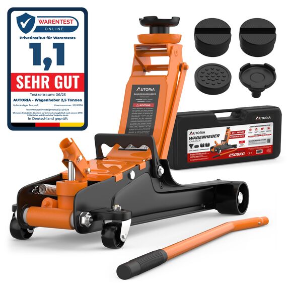 Wagenheber 2,5T extra flach – Hydraulischer Rangierwagenheber mit Transportkoffer, 3 Gummiauflagen & Adapter – Auto Wagenheber für PKW bis 2.500 kg (Orange)
