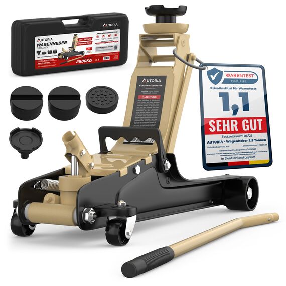 Wagenheber 2,5T extra flach – Hydraulischer Rangierwagenheber mit Transportkoffer, 3 Gummiauflagen & Adapter – Auto Wagenheber für PKW bis 2.500 kg (Beige)