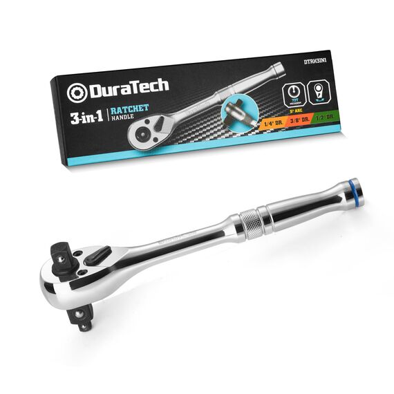 DURATECH 3‑in‑1 Umschaltknarre 180 mm, 1/4", 3/8" & 1/2" Ratschengriff, 72‑Zahn Steckschlüssel aus Legierungsstahl für Auto, Motorrad und Maschinenreparatur