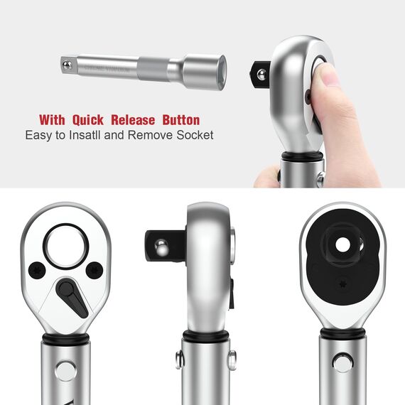 VANPO Drehmomentschlüssel 1/2", 20-220 Nm Drehmoment-Schlüssel 8 tlg. Set, ± 3% Fehlergenauigkeit mit 2 Verlängerung, 5 Stecknüsse 17mm, 19mm, 21mm, 23mm,24mm Reifenschlüssel für Auto, LKW, Motorrad