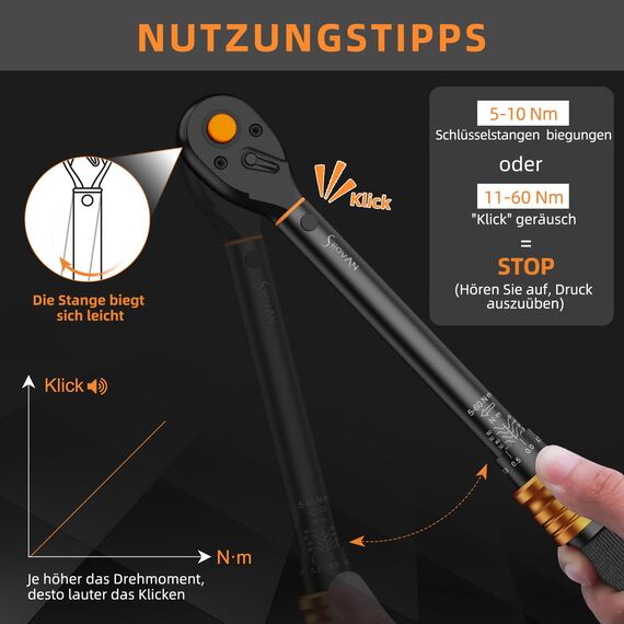 3/8 Zoll Drehmomentschlüssel, 72 Zähne Wende Ratschenkopf, 5-60 Nm Torque Wrench Set für Fahrrad, Motorrad und Auto Zündkerzen Wechsel, mit 3/8" auf 1/4" Adapter, 3/8" Universalgelenk, 75mm Verlängeru