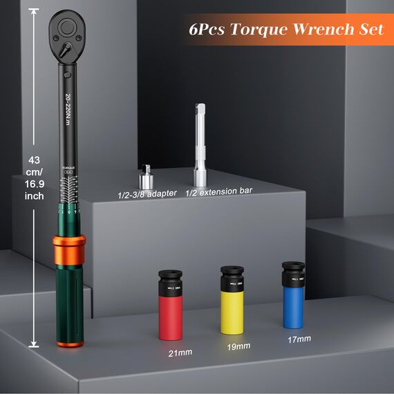 NADOKHI Drehmomentschlüssel 1/2'', 20-220Nm, Auto Drehmomentschlüssel Set 6-tlg. mit Stecknüsse 17mm/19mm/21mm, 125mm Verlängerungsstange, 1/2"-3/8" Adapter, für Reifenwechsel Auto und Motorrad