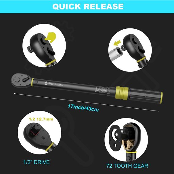 ANPUDS Drehmomentschlüssel 1/2 Zoll 20-220 Nm, Klick Drehmomentschlüssel Auto für Reifenwechsel & Radmuttern Anziehen, Präzise ±3% Fehlergenauigkeit, 72 Zähne Ratsche, KFZ Werkzeug