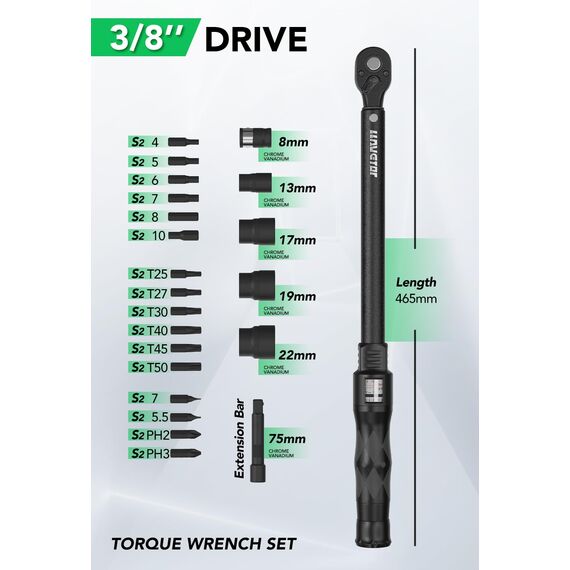 LLAVETOR 23TLG Drehmomentschlüssel Motorrad, 3/8 Zoll Torque Wrench Set, 20-110Nm Drehmomentschlüssel,± 3% Fehlergenauigkeit, 72-Zahn-Drehmomentschlüssel