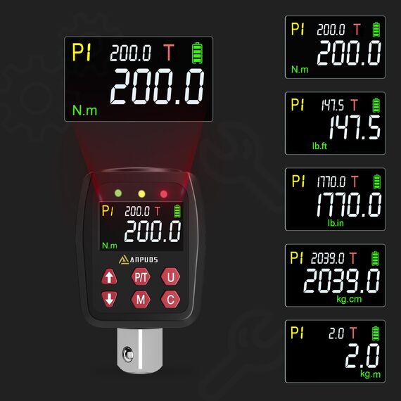 ANPUDS Digitaler Drehmomentadapter, 1/2 Zoll 10-200 Nm Drehmomentadapter Set mit Voreingestellter, Lagerung, Summer, LCD-Anzeige, ± 1% Fehlergenauigkeit, 1/4" 3/8" Adapter für Auto, Motorrad, Fahrrad
