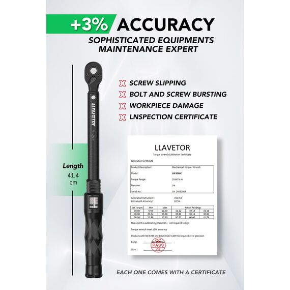 LLAVETOR Drehmomentschlüssel 3/8", Drehmoment-Schlüssel, ± 3% Genauigkeit Reifenschlüssel Tool, Fahrrad & Motorrad Drehmomentschlüssel