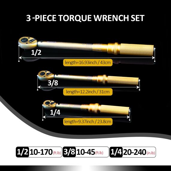 Hairich Drehmomentschlüssel mit 1/4-Zoll-Antrieb, 3-teilig, 50,8 - 609,6 cm, 3 - 13,7 m, 3 - 51,8 m, 72 Zähne, Dual-Range-Skala, Drehmomentschlüssel mit Schnellspanner, umkehrbarer Kopf für Fahrrad,