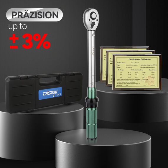 DISEN 6-tlg Drehmomentschlüssel-Set mit Präzisions Kalibrierung (1/2"+3/8"+1/4" Zoll) - Bidirektionaler Ratschenkopf, für Auto, Motorrad, Fahrrad - Mit Kalibrierzertifikat & Aufbewahrungskoffer