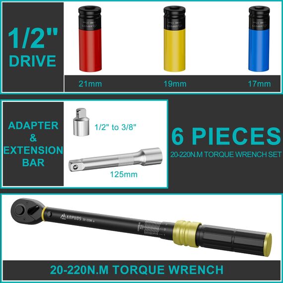 ANPUDS Drehmomentschlüssel 1/2", 20-220Nm Auto & Motorrad Drehmomentschlüssel 6-tlg. Set mit 125mm Verlängerungsstange, 1/2"-3/8" Adapter, 3 Stecknüsse 17mm 19mm 21mm, für Reifen Ersetzen