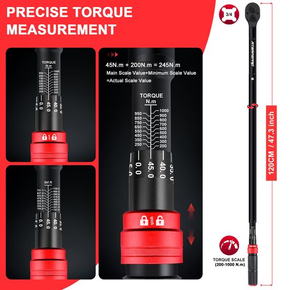 ATsafepro Drehmomentschlüssel 3/4 Zoll (200-1000Nm) für Industrie, Bagger & Landmaschinen,Drehmoment-Schlüssel für Auto, LKW, Traktor, 72 Zähne, ±3% Genauigkeit