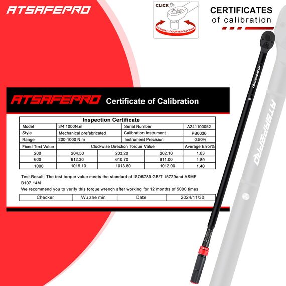 ATsafepro Drehmomentschlüssel 3/4 Zoll (200-1000Nm) für Industrie, Bagger & Landmaschinen,Drehmoment-Schlüssel für Auto, LKW, Traktor, 72 Zähne, ±3% Genauigkeit