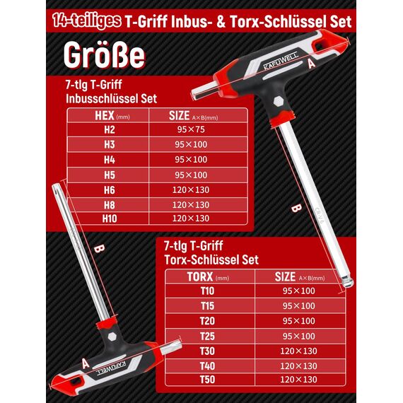 KAFUWELL 14-tlg Inbusschlüssel und Torx-Schlüssel-Satz T-Griff, metrisch Sechskant H2-H10, Torx-Schlüssel TX10-TX50, für DIY, einfache Hausreparaturen, Auto, Fahrrad, mit Aufbewahrungsständer
