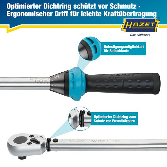 Hazet Drehmomentschlüssel 5122-2CT I Abtrieb: Vierkant 12,5 mm, 1/2 Zoll, Toleranz: 4%, 32 Zähne Betätigungswinkel 11,25 Grad I anwenderfreundliche Umschaltknarre für Auto und Fahrrad I 519mm