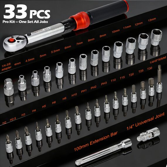 Hairich Drehmomentschlüssel Fahrrad 1/4 Zoll 1–25 Nm, ±3% Genauigkeit, 72-Zähne Ratsche, 33-teiliges Torque Wrench Set mit Verlängerung, 1/4"- 3/8" Adapter & Kardangelenk, für Fahrrad & Motorrad