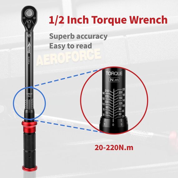AEROFORCE 1/2-Zoll Drehmomentschlüssel (20-220 Nm), 72-Zahn Ratsche mit Doppelrichtungs-Umschaltung, Präzisionskalibriert für Fahrrad, Motorrad und Autoreparaturen