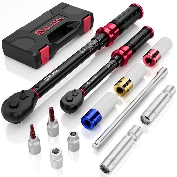 ALAIAL Drehmomentschlüssel 1/2" & 3/8", 20-220Nm, 5-60Nm Drehmomentschlüssel 12-tlg. Set mit Verlängerung, Reifenschutz Steckdosen, Zündkerzenhülse, Bits und Sockets für Fahrrad, Motorrad, Auto