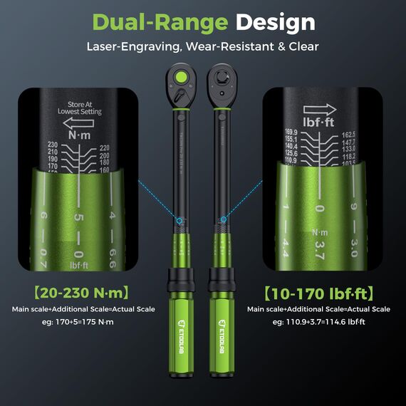 ETOOLAB 1/2" Drehmomentschlüssel Auto, 20-230Nm/10-170lbf-ft, ±3% Fehlergenauigkeit, 72 Zähne Umschaltknarre Drehmomentschlüssel für Auto/Motorrad/Lastwagen
