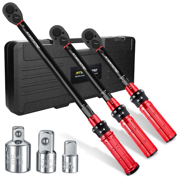 ATsafepro Drehmomentschlüssel Set 1/4 3/8 1/2 Zoll Antrieb Klicken, Drehmomentschlüssel Fahrrad Moto Auto 3-25NM 5-60NM 20-230NM, Doppelrichtung 72 Zähne mit 1/4‘‘ auf 3/8‘‘ auf 1/2‘‘ Drei Adapter
