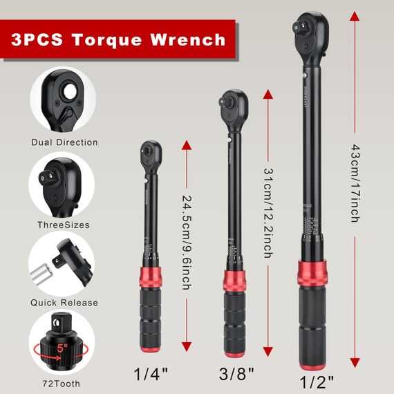 1/4 & 3/8 & 1/2-Zoll Knarren-Drehmomentschlüssel, 41-teiliges Drehmomentschlüssel-Set mit Steckschlüsseln und Verlängerungen, Inbus, Torx, magnetische Zündkerze für Auto, Motorrad und Fahrradreparatur